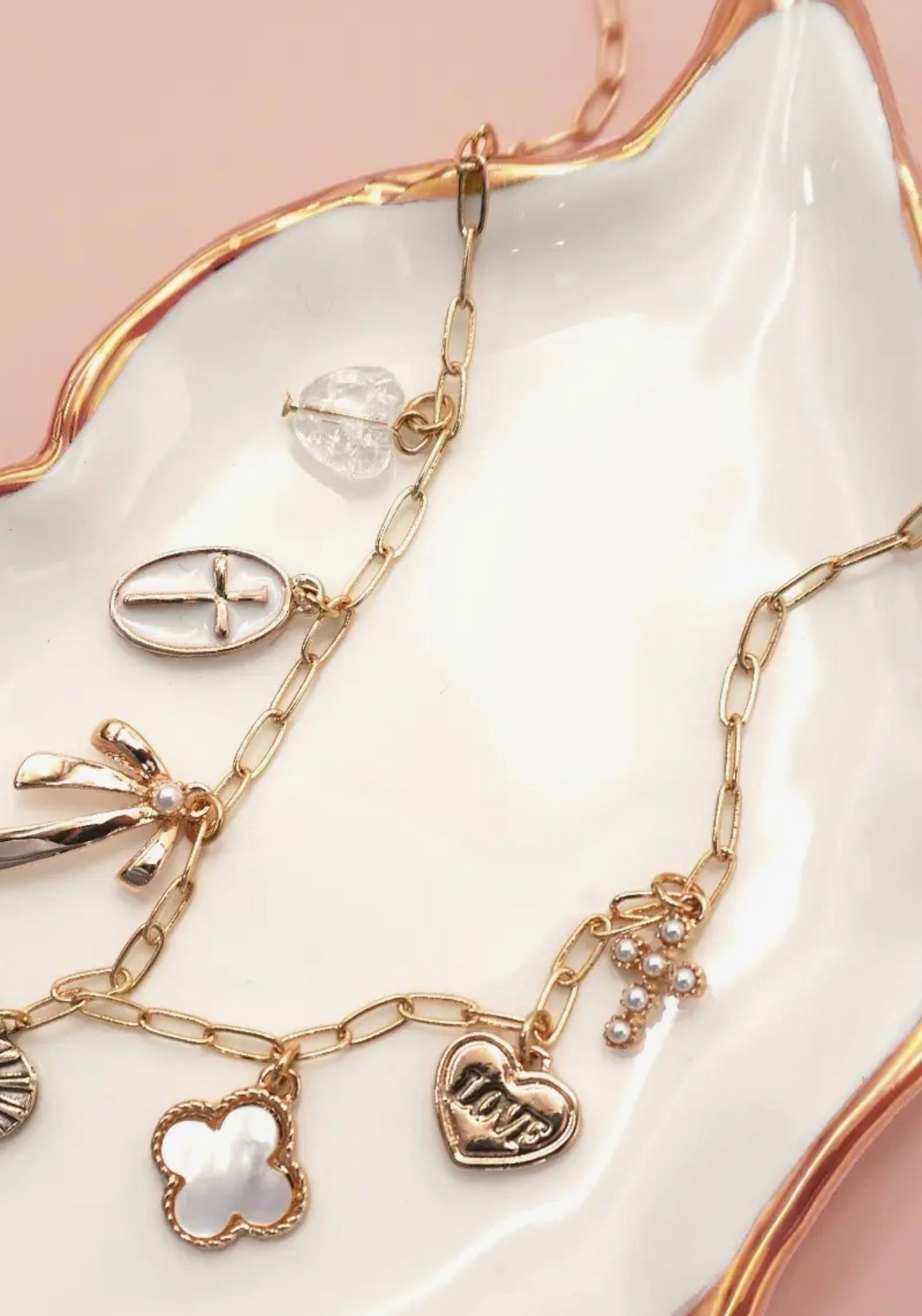 *Gold Plated Clover, Heart, Cross Charm Necklace