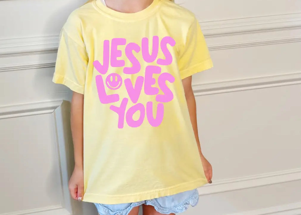 Smiley Jesus Loves You Puff Youth Tee
